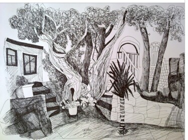Drawing titled "Patio in Safed" by Janna Shulrufer, Original Artwork, Ink