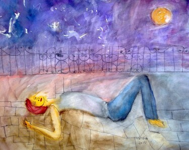 Painting titled "on the roof" by Janna Shulrufer, Original Artwork, Watercolor