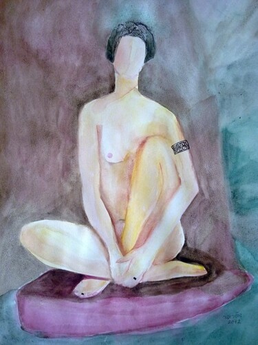 Painting titled "sitting nude 1" by Janna Shulrufer, Original Artwork, Watercolor