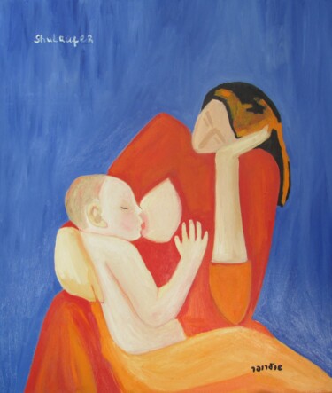 Painting titled "Mother and child" by Janna Shulrufer, Original Artwork, Oil