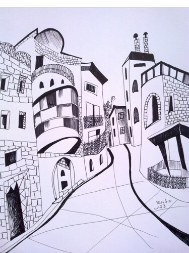 Tekening getiteld "street in Safed" door Janna Shulrufer, Origineel Kunstwerk, Gelpen
