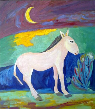 Painting titled "lunar donkey" by Janna Shulrufer, Original Artwork, Oil