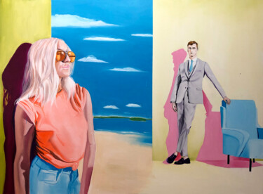 Painting titled "Sunglasses" by Janos Kujbus, Original Artwork, Oil Mounted on Wood Stretcher frame