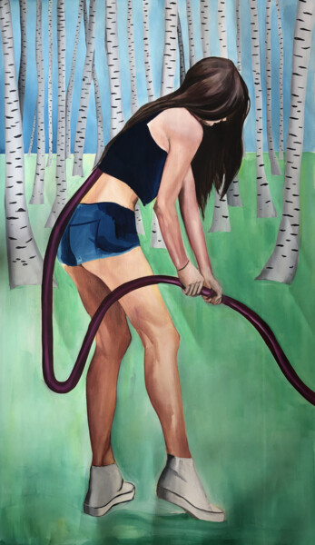 Картина под названием "In the birch grove" - Janos Kujbus, Подлинное произведение искусства, Масло Установлен на Деревянная…