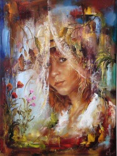 Painting titled "Behind curtains / D…" by Janos Maksai, Original Artwork, Oil