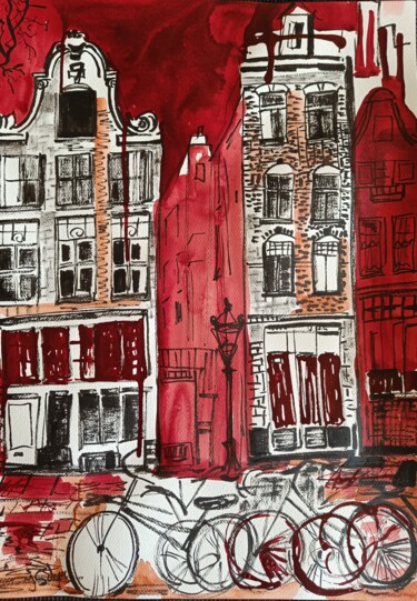 Malerei mit dem Titel "Rote Viertel" von Jana Scherer, Original-Kunstwerk, Acryl