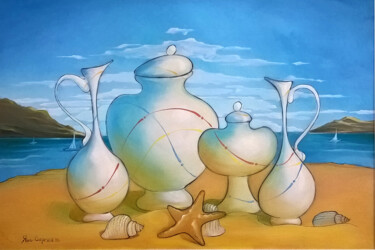 Peinture intitulée "натюрморт на берегу…" par Jans Sergei, Œuvre d'art originale, Huile