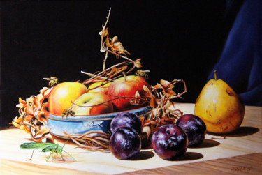 Painting titled "Fruits and insects" by Bozena Janska, Original Artwork, Oil
