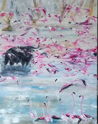Painting titled "296 Flamants roses" by Gilles Janson, Original Artwork, Oil