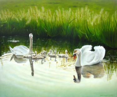 Malerei mit dem Titel "Swan family (nine c…" von Jan Teunissen, Original-Kunstwerk, Öl Auf Holzplatte montiert