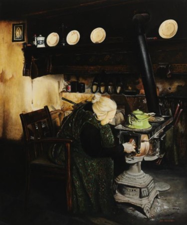 Peinture intitulée "Woman fueling stove" par Jan Teunissen, Œuvre d'art originale, Huile Monté sur Panneau de bois
