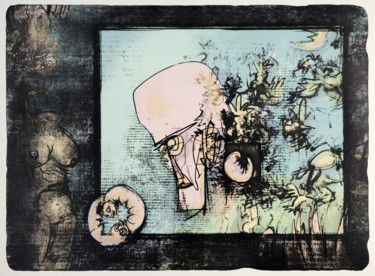 Estampas & grabados titulada "Skull and Fetus" por Rostislav Riha, Obra de arte original, Litografía
