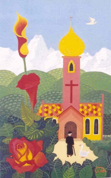 Peinture intitulée "L'oie du curé" par Janusz Malik, Œuvre d'art originale