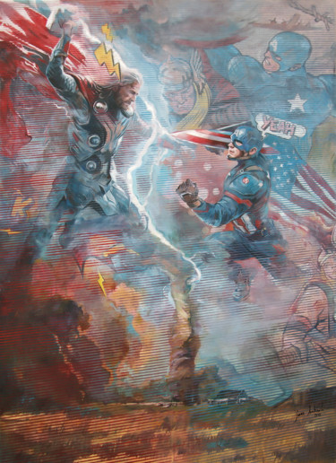 Painting titled "When Thor meets Cap…" by Janusz Orzechowski, Original Artwork, Oil