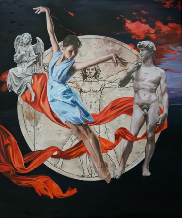 Painting titled "The Vitruvian Man" by Janusz Orzechowski, Original Artwork, Oil Mounted on Wood Stretcher frame