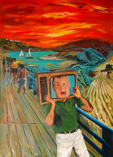 Malerei mit dem Titel "TV" von Janusz Orzechowski, Original-Kunstwerk, Öl