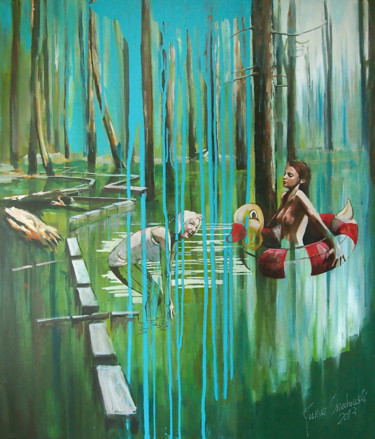 Malarstwo zatytułowany „Wild swimming” autorstwa Janusz Orzechowski, Oryginalna praca, Olej