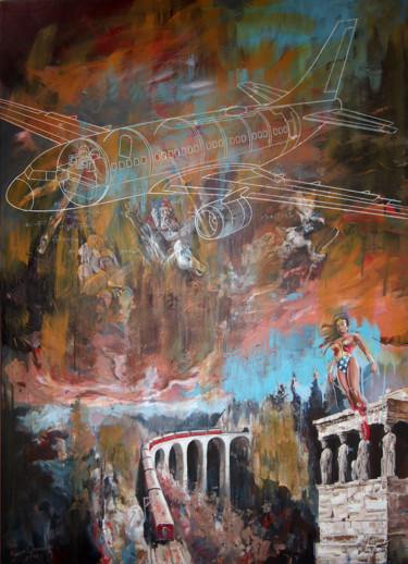 Schilderij getiteld "Olimp on fire" door Janusz Orzechowski, Origineel Kunstwerk, Olie
