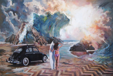 Painting titled "A good wave" by Janusz Orzechowski, Original Artwork, Oil