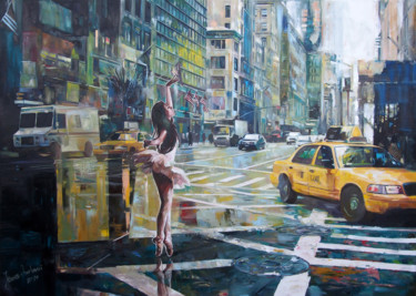 Pintura intitulada "Taxi!" por Janusz Orzechowski, Obras de arte originais, Óleo