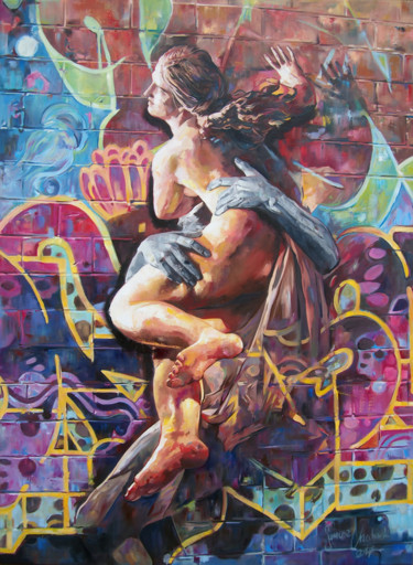 Malerei mit dem Titel "Street Art Drama" von Janusz Orzechowski, Original-Kunstwerk, Öl