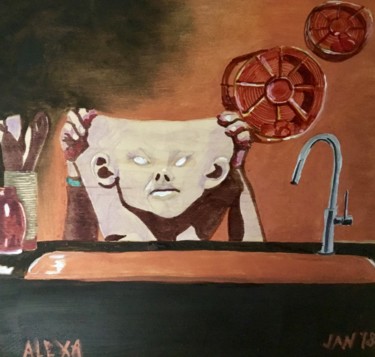 Painting titled "Alexa in the Kitchen" by Jan Wall, Original Artwork, Oil Mounted on Wood Panel
