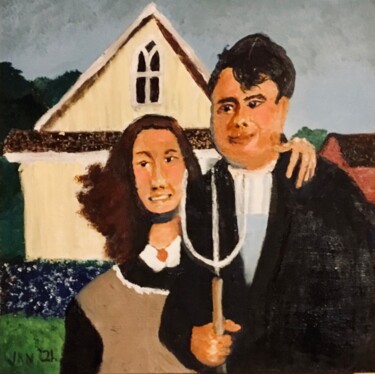 Painting titled "Late American Gothic" by Jan Wall, Original Artwork, Oil Mounted on Wood Panel