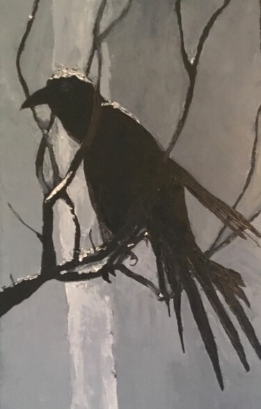 Painting titled "Raven" by Jan Wall, Original Artwork, Oil Mounted on Wood Stretcher frame