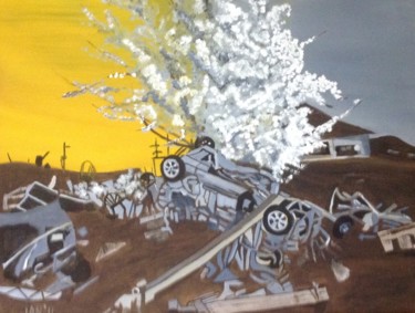 Painting titled "2011:  Tsunami" by Jan Wall, Original Artwork, Oil Mounted on Wood Stretcher frame