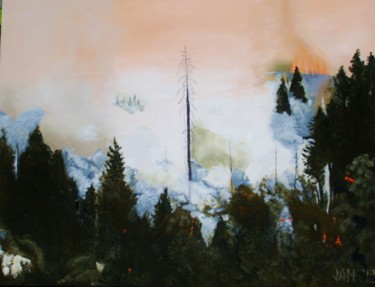 Painting titled "Rim Fire, Yosemite 3" by Jan Wall, Original Artwork, Oil Mounted on Wood Stretcher frame