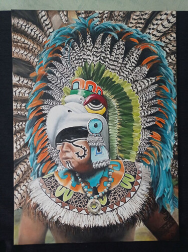 Painting titled "Aztec" by Jany.M, Original Artwork, Oil Mounted on Wood Stretcher frame