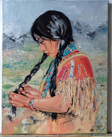 Painting titled "sioux" by Jany.M, Original Artwork, Oil Mounted on Wood Stretcher frame