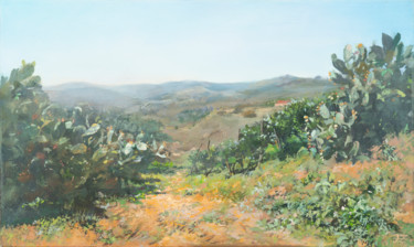 Painting titled "Sicily in September" by Janis Zingitis, Original Artwork, Oil Mounted on Wood Stretcher frame