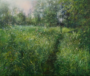 June Evening. Trail in a Meadow Painting titled "June Evening. Trail…" by Janis Zingitis, Original Artwork, Oil Mounted on Wood Stretcher frame