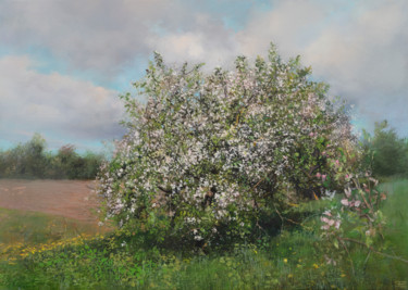 Painting titled "Apple Tree in May" by Janis Zingitis, Original Artwork, Oil Mounted on Wood Stretcher frame