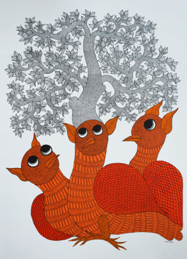 Pintura intitulada "Gond Painting  ( Tr…" por Japani Shyam, Obras de arte originais, Acrílico