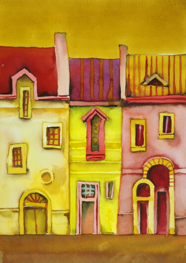 Schilderij getiteld "Old Town 20" door Jaroslaw Filipek, Origineel Kunstwerk, Aquarel