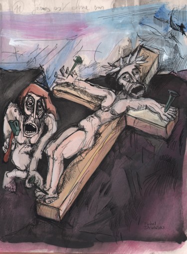 Pintura titulada "Le crucifiement" por Pierre Andrillon (Jasinski), Obra de arte original, Acrílico