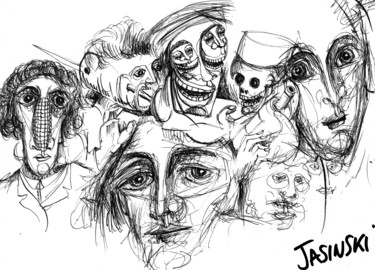 Drawing titled "Covid 19 masques" by Pierre Andrillon (Jasinski), Original Artwork, Ink