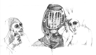 Zeichnungen mit dem Titel "Masques à virus" von Pierre Andrillon (Jasinski), Original-Kunstwerk, Tinte