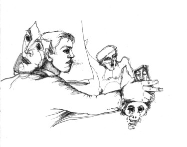 Drawing titled "Masques à milliards" by Pierre Andrillon (Jasinski), Original Artwork, Ink