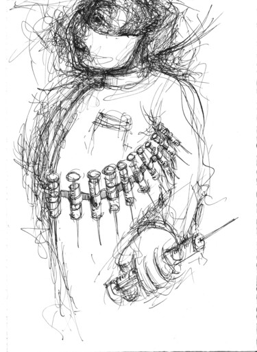 Zeichnungen mit dem Titel "Virus militaire" von Pierre Andrillon (Jasinski), Original-Kunstwerk, Tinte