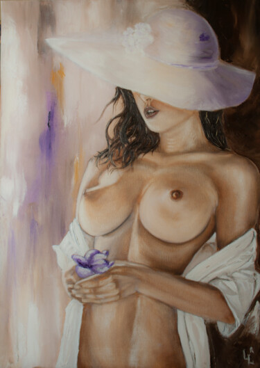 Painting titled ""Woman with a Flowe…" by Jasmin Miteva, Original Artwork, Oil Mounted on Wood Stretcher frame