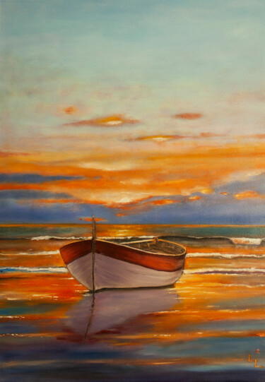 Painting titled ""Sunset"" by Jasmin Miteva, Original Artwork, Oil Mounted on Wood Stretcher frame