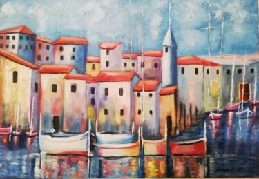 Painting titled "A town on the sea" by Jasmina Vuckovic, Original Artwork, Oil