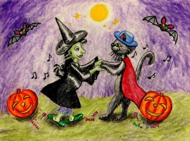 Malerei mit dem Titel "Halloween Dance" von Jasmin B. Pront, Original-Kunstwerk, Conté-Buntstifte