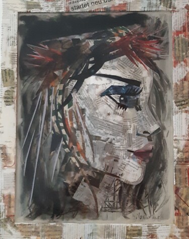 Collagen mit dem Titel "Lady" von Jasna Milosavac, Original-Kunstwerk, Papier Auf Holzplatte montiert