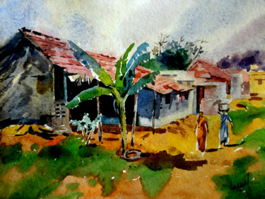 Painting titled "Village of India" by Jaspal Singh, Original Artwork, Watercolor