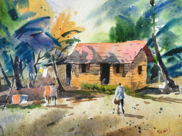 Painting titled "A village house" by Jaspal Singh, Original Artwork, Watercolor