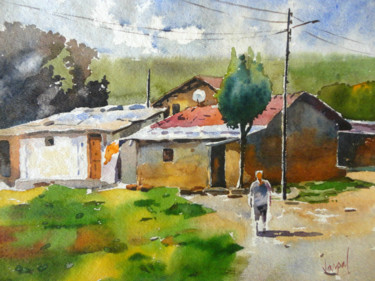 Painting titled "Village house" by Jaspal Singh, Original Artwork, Watercolor